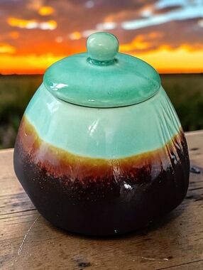 Baum Galaxy Jade Sugar Bowl With Lid Aqua Brown Pottery Farmhouse Rustic Boho